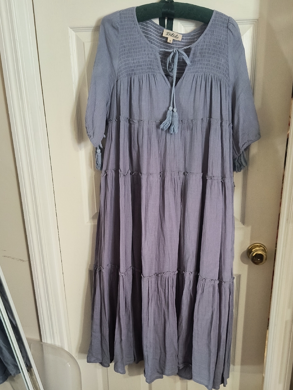 Boutique Boho Tiered Maxi Dress with Tassel Tie - Denim Blue